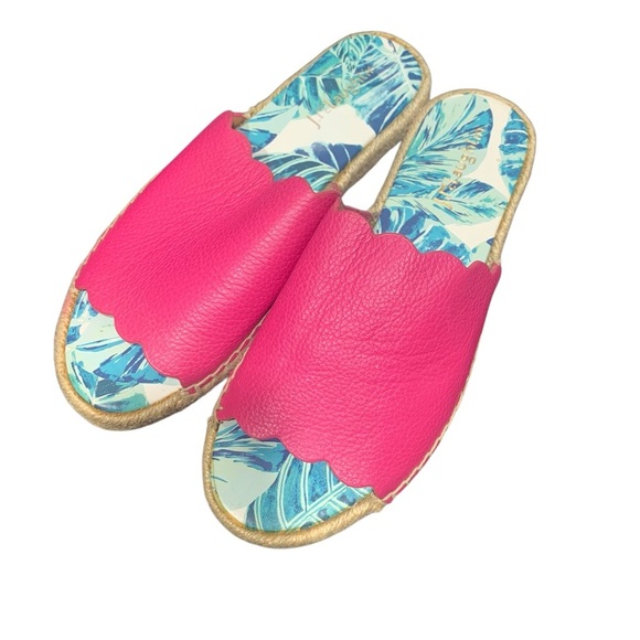 J. McLaughlin Pink Peony Tropical Aries Leather Slide Sandals sz 7.5 - Picture 2 of 12